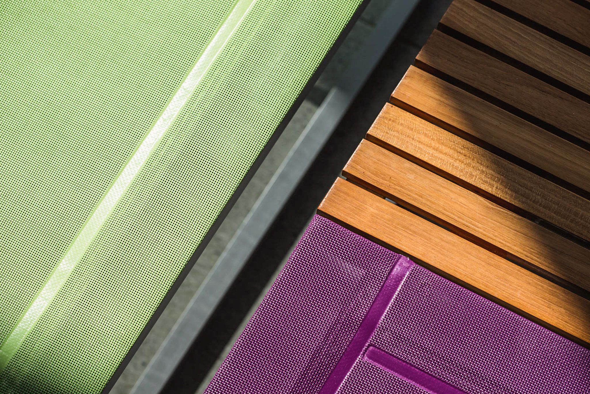 Grüne und lila Liegen auf einer Holzoberfläche im Glemmtal