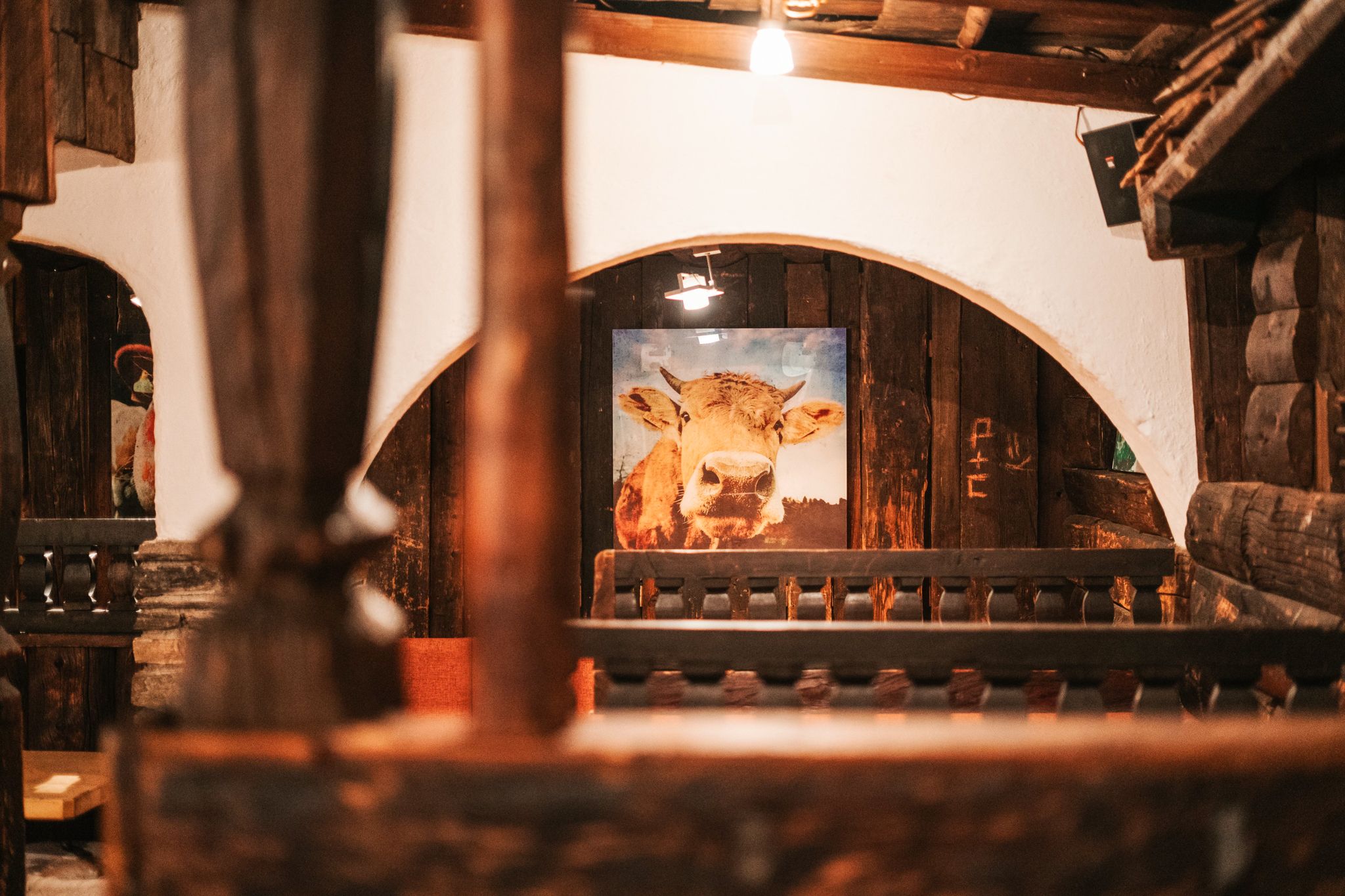 Ein Blick ins Innere des Glemmtalerhofs mit einem Kuhbild in rustikalem Ambiente.